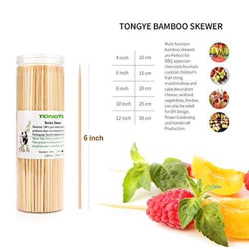 TONGYE [200 PCS] 6 inch Bamboo Skewers, Premium Wooden Skewers Without Splinters, Skewers for Grilling, BBQ, Appetizer, Fruit Kabobs, Chocolate Fountain, Cocktail Toothpicks, and Food Skewer Sticks.