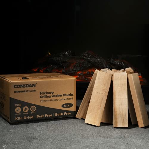 CONSDAN Wood Chips for Smoker, USA Grown Hickory Pizza Oven Wood, BBQ Cooking Natural Wood Chunks, Kiln Dried Firewood, Smoking Wood Chips, All Natural Barbecue Smoker Blocks for Smoking Meat (12 LBS)