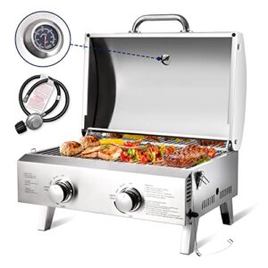 arc portable gas grill, stainless steel 20,000 btu two-burner tabletop propane grill for outdoor camping cooking with travel locks and built in thermometer