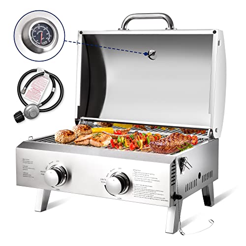 ARC Portable Gas Grill, Stainless Steel 20,000 BTU Two-Burner Tabletop Propane Grill for Outdoor Camping Cooking with Travel Locks and Built in Thermometer