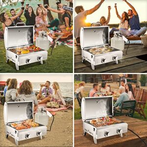 ARC Portable Gas Grill, Stainless Steel 20,000 BTU Two-Burner Tabletop Propane Grill for Outdoor Camping Cooking with Travel Locks and Built in Thermometer