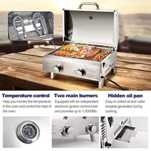 ARC Portable Gas Grill, Stainless Steel 20,000 BTU Two-Burner Tabletop Propane Grill for Outdoor Camping Cooking with Travel Locks and Built in Thermometer
