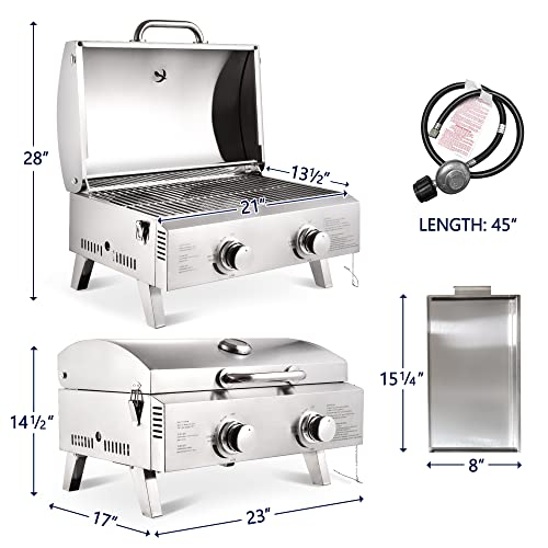 ARC Portable Gas Grill, Stainless Steel 20,000 BTU Two-Burner Tabletop Propane Grill for Outdoor Camping Cooking with Travel Locks and Built in Thermometer
