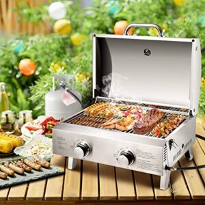 ARC Portable Gas Grill, Stainless Steel 20,000 BTU Two-Burner Tabletop Propane Grill for Outdoor Camping Cooking with Travel Locks and Built in Thermometer