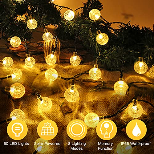 XVDOIZO Solar String Lights Outdoor, 60 LED 36 Ft Crystal Globe Lights with 8 Modes, Waterproof Solar Powered Patio Lights, for Garden, Home Party, Wedding, Christmas Decoration (Warm White)