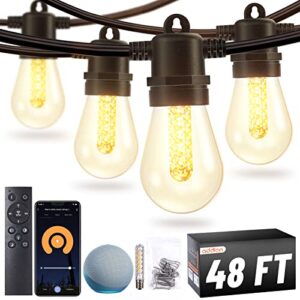 addlon 48ft smart outdoor string lights with app & remote control, works with alexa, music sync waterproof patio lights with dimmable edison shatterproof bulbs, extendable for patio, porch