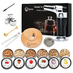 txzrwh cocktail smoker kit with torch, old fashioned bourbon & whiskey smoker infuser kit with 6 flavors wood chips 4 reusable ice cubes, ideal gifts for husband, dad, men, friend (no butane)