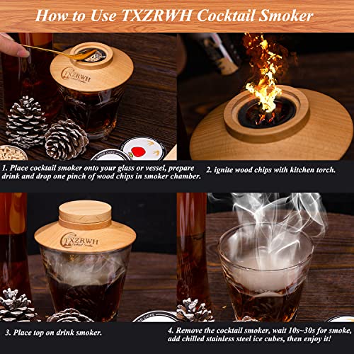 TXZRWH Cocktail Smoker Kit with Torch, Old Fashioned Bourbon & Whiskey Smoker Infuser Kit with 6 Flavors Wood Chips 4 Reusable Ice Cubes, Ideal Gifts for Husband, Dad, Men, Friend (No Butane)