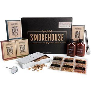smokehouse by thoughtfully, smoking bbq grill set, includes 3 types of wood chips, smoker box, 2 sauces and 6 rubs, thermometer, tongs and grill guide