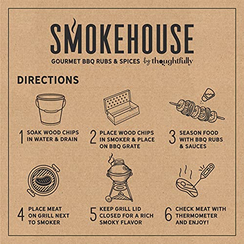 Smokehouse by Thoughtfully, Smoking BBQ Grill Set, Includes 3 Types of Wood Chips, Smoker Box, 2 Sauces and 6 Rubs, Thermometer, Tongs and Grill Guide