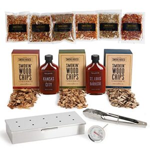 Smokehouse by Thoughtfully, Smoking BBQ Grill Set, Includes 3 Types of Wood Chips, Smoker Box, 2 Sauces and 6 Rubs, Thermometer, Tongs and Grill Guide