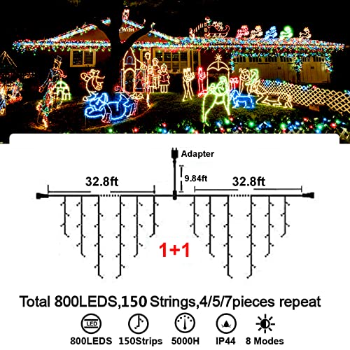 Hezbjiti Christmas Lights Decorations Outdoor, 800 LED 65.6 FT 8 Modes 150 Drops Fairy String Curtain Lights for Christmas Decor Eaves Window Party Yard Garden Indoor (Multicolor)