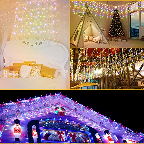 Hezbjiti Christmas Lights Decorations Outdoor, 800 LED 65.6 FT 8 Modes 150 Drops Fairy String Curtain Lights for Christmas Decor Eaves Window Party Yard Garden Indoor (Multicolor)