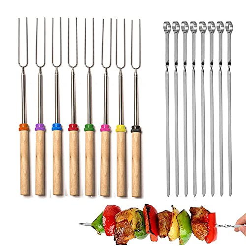 8Pack Marshmallow Roasting Sticks Telescopic 32inch & 8Pcs 14'' Long Kabob Skewers Stainless Steel Barbecue Skewers Grilling Set - Extendable Smores Fork BBQ Fire Pit Sticks Kit for Campfire, Sausage