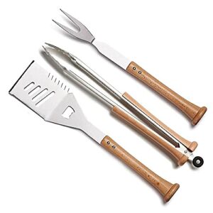 baseball bbq | ‘triple play’ multi-tool spatula, tongs & fork combo set | bbq grilling accessories & utensils for baseball fans | unique wooden bat handle & quality stainless steel grill masters