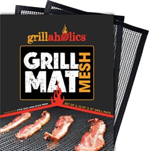 grillaholics bbq mesh grill mat – set of 2 grill mats non stick – nonstick grilling with more delicious smoky flavor – lifetime manufacturer warranty
