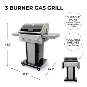 Permasteel 3-Burner Gas Grill | Cast Iron Cooking Grates, Grilling Tools Holder, Foldable Sides, PG-A40301-BK, Pedestal Style, 30000 Total BTUs - Black