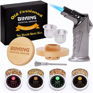biming cocktail smoker kit with torch – drink whiskey bourbon smoker infuser kit with 4 flavors wood chips, old fashioned smoker kit for meat cheese salad-gifts for whiskey lovers/father/men(no butane) (burlywood)