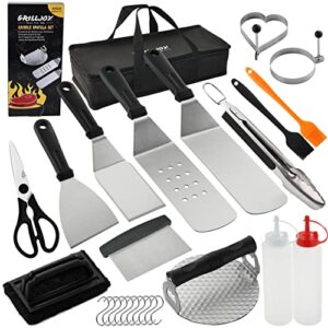 grilljoy griddle accessories kit set for hibachi grill flat top – 26pc non-slip grill spatulas set with cleaning pad, burger press, egg rings for camping grilling – ideal for men women