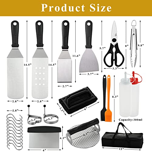 Grilljoy Griddle Accessories Kit Set for Hibachi Grill Flat Top - 26PC Non-Slip Grill Spatulas Set with Cleaning Pad, Burger Press, Egg Rings for Camping Grilling - Ideal for Men Women