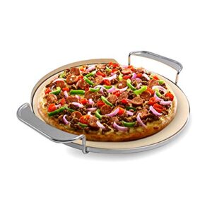 skyflame round ceramic pizza baking stone with metal handle rack compatible with weber 8836 gourmet bbq system, charcoal grill, smoke grill, gas grill, bge, kamado joe, pizza oven