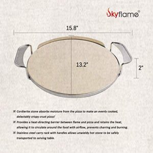 Skyflame Round Ceramic Pizza Baking Stone with Metal Handle Rack Compatible With Weber 8836 Gourmet BBQ System, Charcoal Grill, Smoke Grill, Gas Grill, BGE, Kamado Joe, Pizza Oven