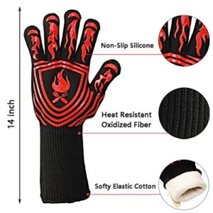 BBQ Gloves, 1472°F Heat Resistant Grilling Gloves, Silicone Non-Slip Oven Mitts, Extreme Long Forearm Protection Fireproof Cut Resistant Gloves for Cooking, Frying, Baking, Welding, Cutting, 14 Inch