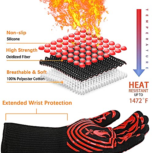 BBQ Gloves, 1472°F Heat Resistant Grilling Gloves, Silicone Non-Slip Oven Mitts, Extreme Long Forearm Protection Fireproof Cut Resistant Gloves for Cooking, Frying, Baking, Welding, Cutting, 14 Inch