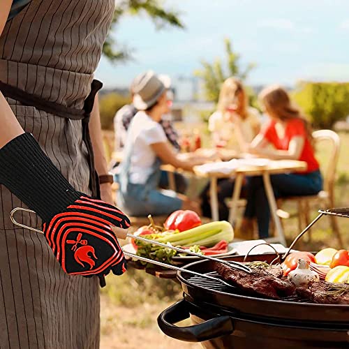 BBQ Gloves, 1472°F Heat Resistant Grilling Gloves, Silicone Non-Slip Oven Mitts, Extreme Long Forearm Protection Fireproof Cut Resistant Gloves for Cooking, Frying, Baking, Welding, Cutting, 14 Inch