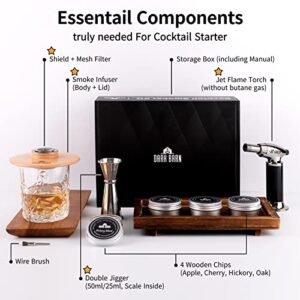 DARK BARN Cocktail Smoker Kit - Premium Bourbon & Whiskey Smoker Set, Innovative Design for Rich Smoke, Adjustable Flame Torch, Assorted Wood Chips, Double Jigger - Ideal Gift for Mixology Enthusiasts