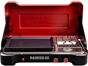 camp chef mountain series rainier 2x two-burner cooking system w/griddle & carry bag
