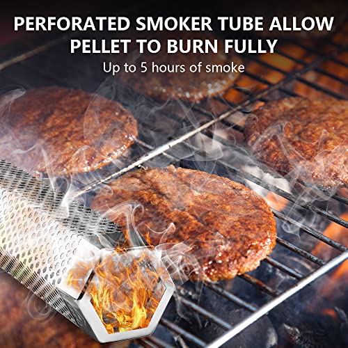 VIGIND Pellet Smoker Tube,12'' Stainless Steel BBQ Smoke Tube, Hot/Cold Smoking for All Charcoal,Works with Electric Gas Charcoal Grilling,Smoker Perfect for Smoking Cheese Nuts Steaks Fish Pork Beef