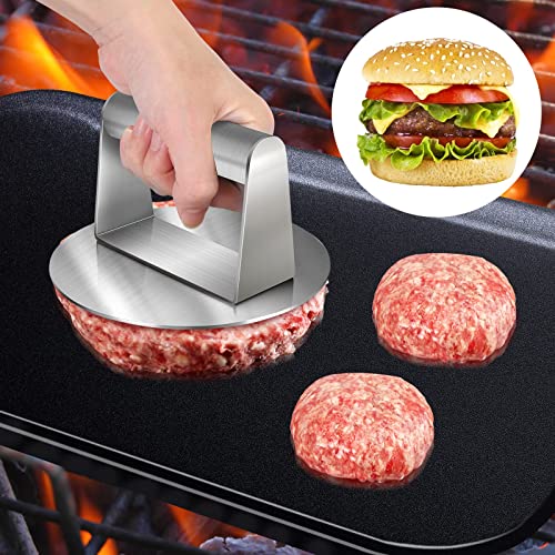 Yokudo Stainless Steel Burger Press for Griddle, 5.5 Inch Round Smash Burger Press, No Sticking Burger Smasher Flat Bottom Without Ridges Bacon Grill Press for Griddle