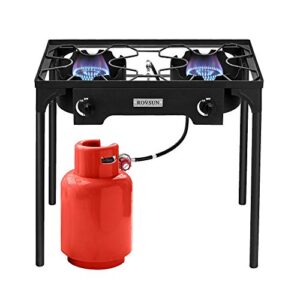 rovsun 2 burner outdoor propane gas stove 150,000 btu high pressure stand cooker for backyard cooking camping home brewing canning turkey frying, 20 psi regulator