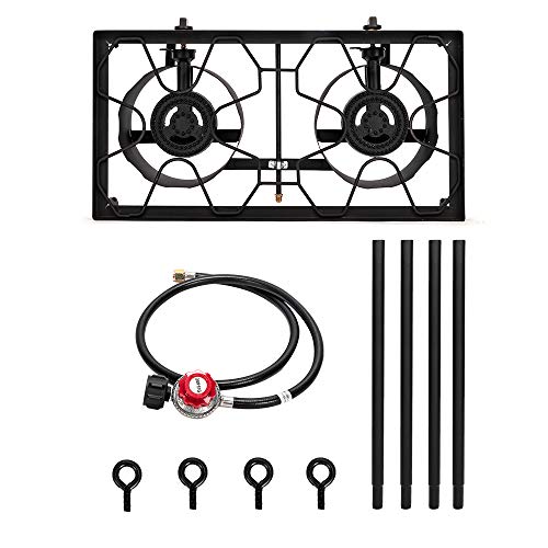 ROVSUN 2 Burner Outdoor Propane Gas Stove 150,000 BTU High Pressure Stand Cooker for Backyard Cooking Camping Home Brewing Canning Turkey Frying, 20 PSI Regulator