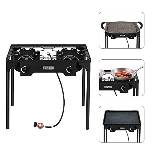 ROVSUN 2 Burner Outdoor Propane Gas Stove 150,000 BTU High Pressure Stand Cooker for Backyard Cooking Camping Home Brewing Canning Turkey Frying, 20 PSI Regulator