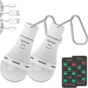 flyhoom rechargeable led light bulbs with remote, 4 light modes & timer, portable 180lm emergency light bulb led camping light bulbs with clip hook for tent, hiking, home, emergency