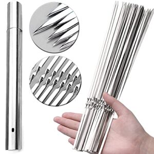 centerz 30 pack kebab skewers, 15″ long flat stainless steel bbq shish kabob skewers with portable metal storage tube, reusable meat sticks set for grilling, marshmallow, vegetable, shiskabob barbecue