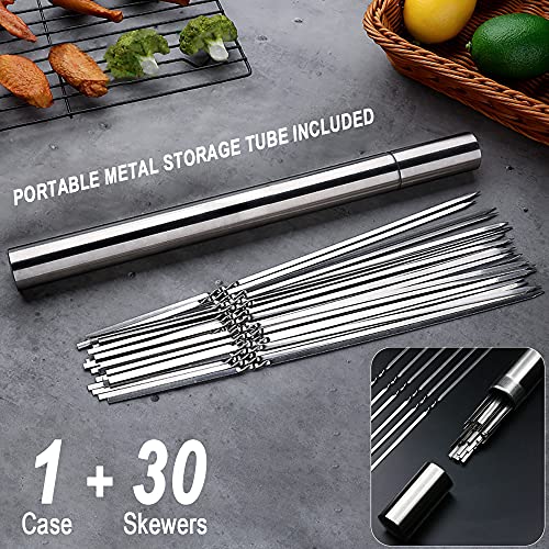 CenterZ 30 Pack Kebab Skewers, 15" Long Flat Stainless Steel BBQ Shish Kabob Skewers with Portable Metal Storage Tube, Reusable Meat Sticks Set for Grilling, Marshmallow, Vegetable, Shiskabob Barbecue