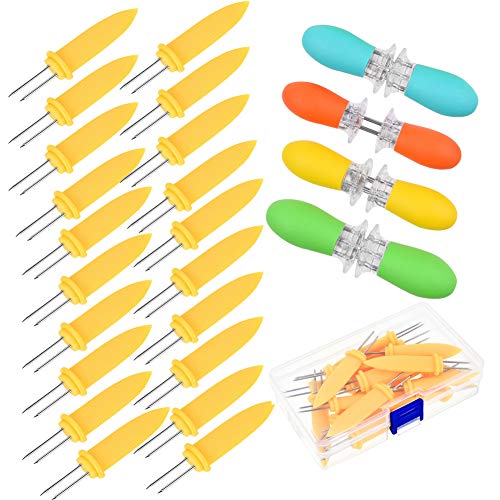 28 PCS Corn Holders, Funny Stainless Steel Corn Holders For Corn On The Cob Skewers Two Prong Corn Handles Interlocking Jumbo BBQ Corn Cob Holders Corn Picks Holders Sweetcorn Forks With Storage Box