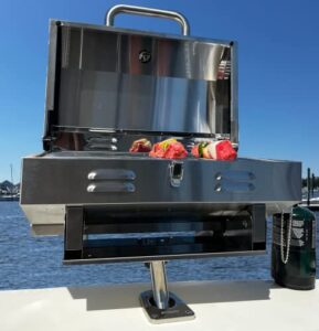 boat grill with mount – portable propane gas bbq – grills secure into rod holder | adjustable legs for table top use | stainless steel marine stove -great outdoor barbecue