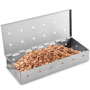 kaluns smoker box for gas grill or charcoal grill, stainless steel smoke box, works with wood chips, add smoked bbq flavor, hinged lid ,warp free grill accessories