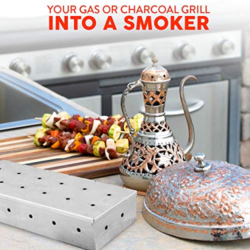Kaluns Smoker Box For Gas Grill or Charcoal Grill, Stainless Steel Smoke Box, Works with Wood Chips, Add Smoked BBQ Flavor, Hinged Lid ,Warp Free Grill Accessories