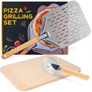 yaksha pizza stone for oven and grill 15″ x 12″ large pizza grilling stone and peel set with pizza cutter wheel for bbq, rectangular baking stone for crisp bottoms pies pastry bread calzone