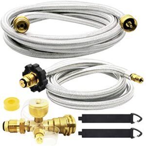 GardenNow Upgraded Propane Brass 4 Port Tee Kit Propane Brass Tee Adapter Kit with 5FT and 12FT Stainless Braided Hoses Allow for Connection Between Auxiliary Propane Cylinder and Propane Appliances