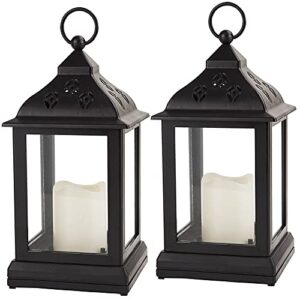 bright zeal 2-pack 9.5″ black decorative candle lantern with led flickering candle – vintage candle lanterns decorative indoor lanterns battery powered – hanging lanterns tabletop lantern with timer