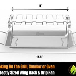Cave Tools Chicken Wing & Leg Rack for Barbecue Grill Smoker or Oven - Stainless Steel Vertical Roaster Stand & Drip Pan/Grill Grease Tray for Cooking Vegetables in BBQ Juices - Dishwasher Safe