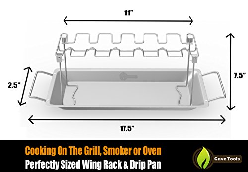 Cave Tools Chicken Wing & Leg Rack for Barbecue Grill Smoker or Oven - Stainless Steel Vertical Roaster Stand & Drip Pan/Grill Grease Tray for Cooking Vegetables in BBQ Juices - Dishwasher Safe