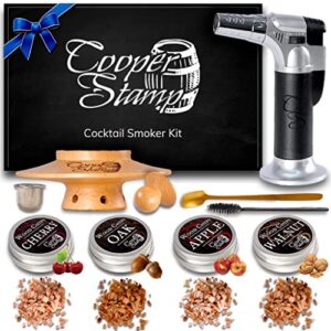 cooper stamp cocktail smoker kit – old-fashioned drink smoker with torch – 4 kinds of wood chips – gift for whiskey/bourbon lover, men, father, husband – butane not included