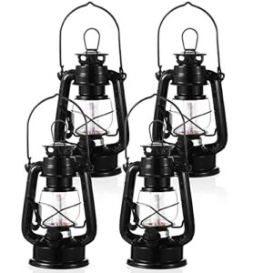 8 inch vintage led hurricane lantern 16 warm leds and dimmer switch battery operated metal lantern decorative hanging lantern for indoor outdoor camping usage decor (black, 4 pieces)